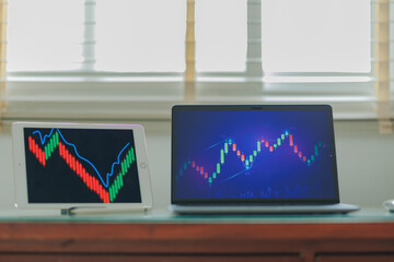 Financial expert studying market data and forecasts on screens — capturing themes of investment,...