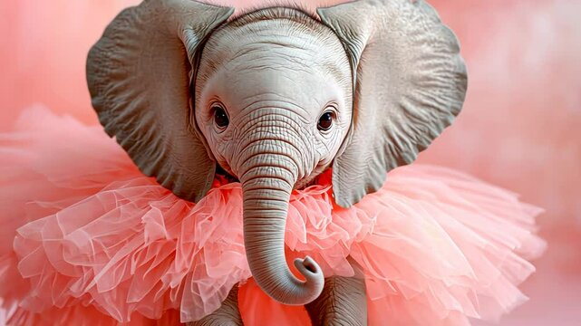 Adorable baby elephant wearing pink ballerina tutu in a cute and playful pose.
