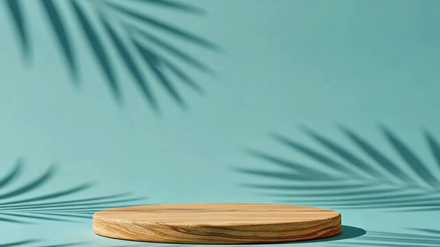 Wooden platform with palm leaf shadows on turquoise backdrop. Ideal fo