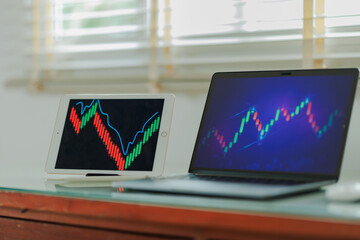 Financial expert studying market data and forecasts on screens — capturing themes of investment,...