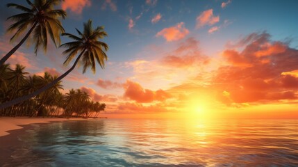 Fototapeta premium Calm, clear sea with palm trees. Beautiful sunrise or sunset. Exotic tropical beach. Perfect for a relaxing summer vacation in paradise. 
