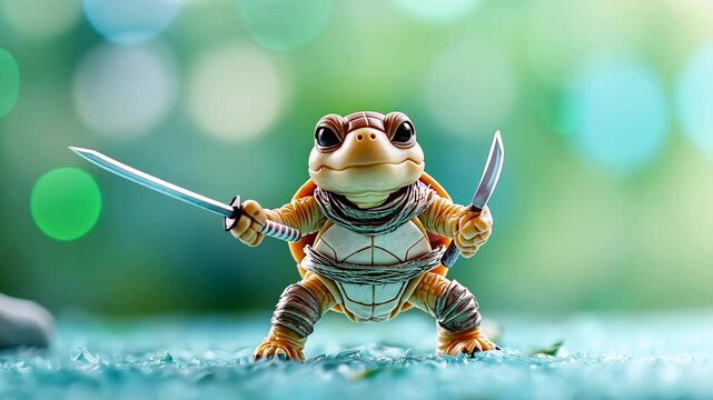Adorable warrior turtle with swords on vibrant background in playful pose.