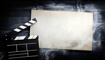 Grunge film background with white canvas, black clapperboard and smoke