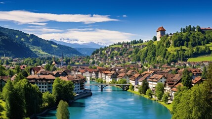 Fototapeta premium Sunny summer day in Switzerland's Bern. See the pretty Rosenlaui view with Wellhorn mountain, Swiss Alps, and Reichenbach River. 