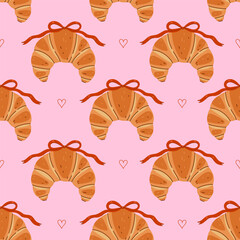 Seamless pattern with croissants, bows and hearts on a pink background. Vector graphics.