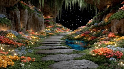 Fototapeta premium Enchanted Cave Magical Flower Path Fantasy Garden Night Scene