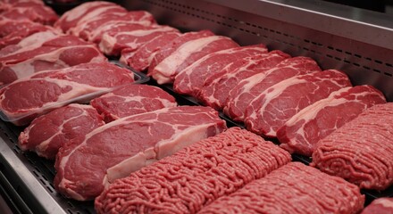 Fresh cuts of beef displayed in a butcher shop case