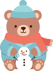Cute Winter Bear Building a Tiny Snowman &ndash; Vector Cartoon Illustration