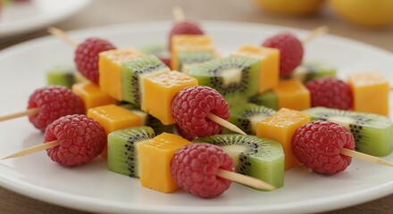 Fresh fruit skewers with raspberry, kiwi, and cantaloupe on plate  