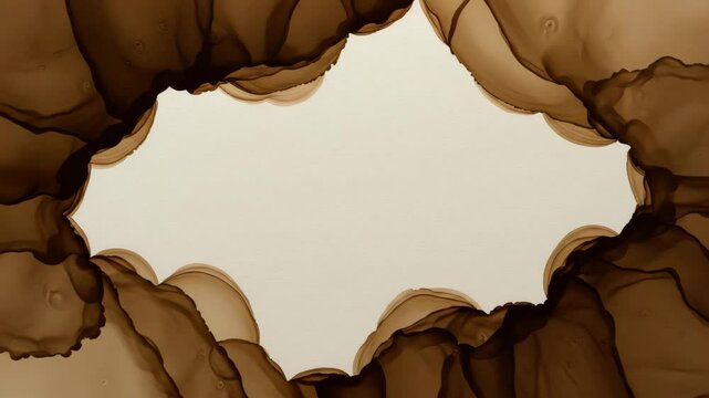 Dark chocolate-colored fluid artfully frames light beige canvas, creating an abstract border perfect titles or elegant visual content.