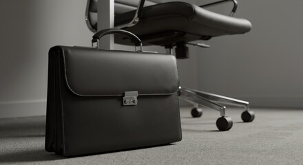 Black leather briefcase resting on office floor beside chair  