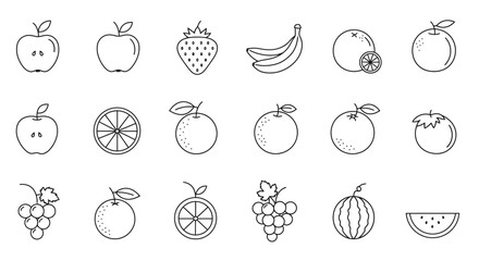 a collection of hand-drawn fruit icons, sketch style, simple black and white line art, minimalist design, detailed, clean, precise, stylized
