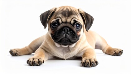 Pug puppy lying isolated on white background 