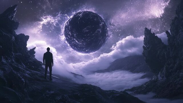 Solitary journey: Silhouette against a cosmic entity landscape panorama