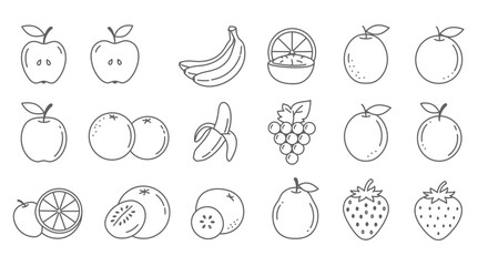 apple, pear, orange, banana, strawberry, lemon, pomegranate, grapes, outline, sketch, line art, vector art, minimalist, black and white, simple, flat design, icons, symbols
