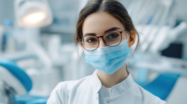 Woman in lab coat and face mask in a dental office setting.