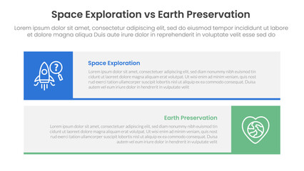 space exploration vs earth preservation comparison concept for infographic template banner with long rectangle box horizontal stack with two point list information