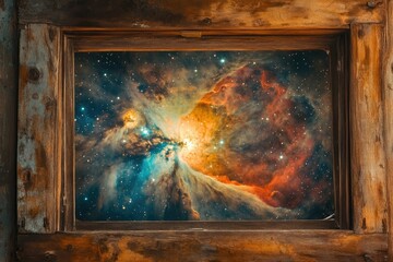 A rustic wooden frame reveals a vibrant nebula, showcasing cosmic colors and stellar dust.