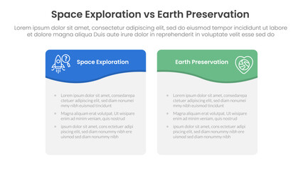 space exploration vs earth preservation comparison concept for infographic template banner with wave swirl curve table box with two point list information