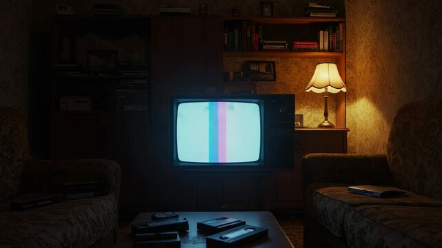 Vintage living room with old TV displaying static and dim lighting  
