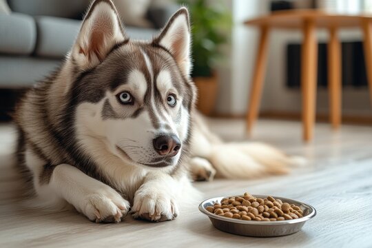Siberian husky eagerly waits by a bowl of dog food in a cozy indoor setting during the afternoon