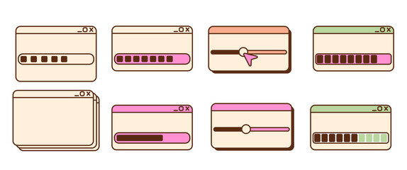 Retro vintage computer window vaporwave old desktop user interface elements. Nostalgic cute technic arrows, download icons, hipster message, cloud vector illustration set.