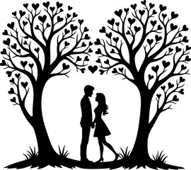 Couple Under Heart Trees Silhouette vector