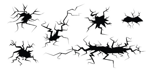 Wall crack icon. Hole in floor, broken glass symbol top view, break effect design