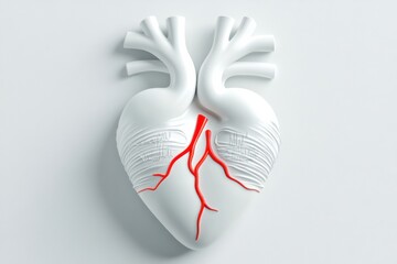 Artistic representation of a human heart highlighting anatomical features and blood vessels on a white background