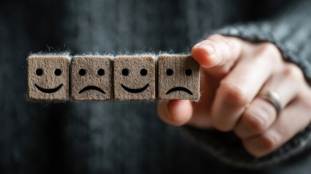 Hand selecting smiling face icon from emoticon row, representing customer feedback survey, review system, and satisfaction rating