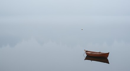 AI-Generated of Negative Space Minimalist Landscape with Lonely Wooden Boat on Calm Water in Mist