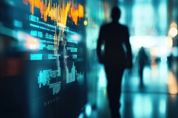 Business professional walks by a digital display showcasing data trends and analytics in a modern corporate environment during a busy working day