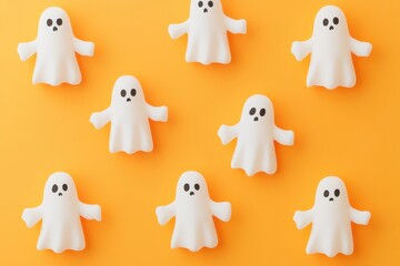 Ghost-shaped decorations create a playful Halloween atmosphere against a bright orange backdrop