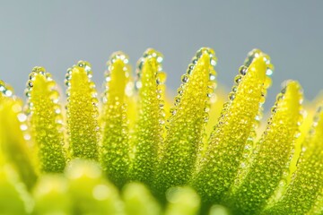 Close-up of dew-covered flower petals, vibrant green and yellow hues, showcasing intricate texture and water droplets.