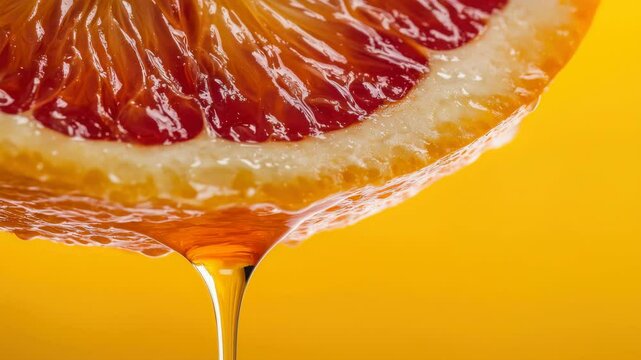 Blood orange slice with dripping juice against a vibrant yellow background for citrus fruit concepts
