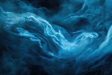 Abstract underwater image of flowing blue jellyfish tentacles, ethereal and mesmerizing.