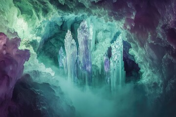 Enchanted ice cave with ethereal teal and purple hues, towering icicles creating a magical atmosphere.