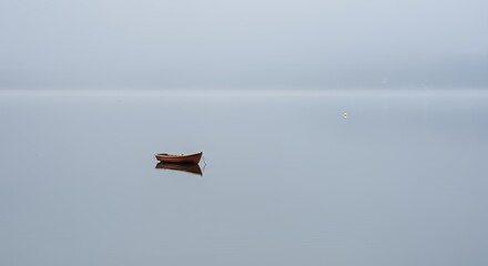 AI-Generated of Negative Space Minimalist Landscape with Lonely Wooden Boat on Calm Water in Mist