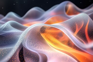 Abstract image of flowing, translucent fabric with orange and white hues, glittering particles.