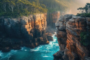 Dramatic coastal cliffs, rugged rock formations meet turquoise ocean waves under a misty sky.