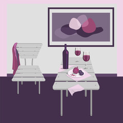 Cafe interior,wine glasses and fruits.Vector illustration of a summer restaurant.
