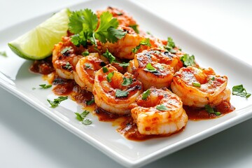 Spicy grilled shrimp in a tangy sauce, garnished with cilantro and lime.