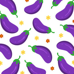 Eggplant seamless pattern with flower decoration. Vegetable cartoon. Cooking ingredient
