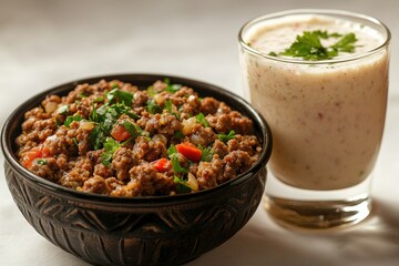 Spicy minced meat dish with fresh herbs served alongside a creamy yogurt drink.