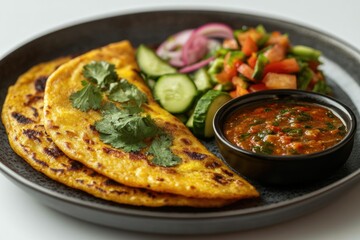 Two golden-brown flatbreads served with a vibrant salad and spicy red sauce.