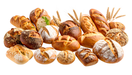Assorted freshly baked bread rolls and loaves with various textures, crusts, and toppings isolated on solid white background Png 
