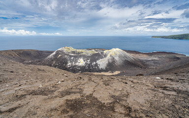 Scenic landscape view of Anak Krakatau aka Krakatoa volcano crater on island in Sunda strait, Lampung, Sumatra, Indonesia