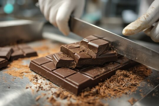 Close-Up of Confectioner Chopping Chocolate with Metal Knife - Powered by Adobe