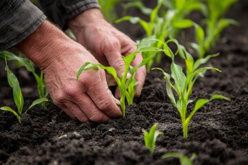 Farmer Planting Seedlings in Soil During Spring Season for Growth