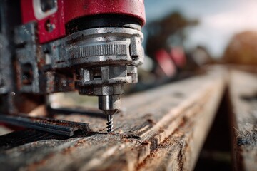 Close-up of a Red and Silver Drill Press Cutting Through a Wood Plank